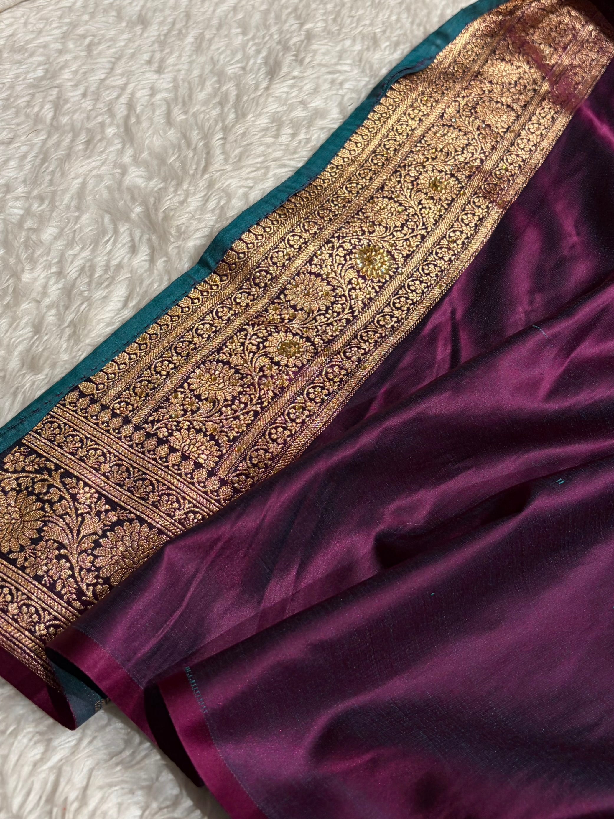 Cross Wine Unique Boota Pattern With Stone & Ari Work Satin Katan Silk Saree BSK69