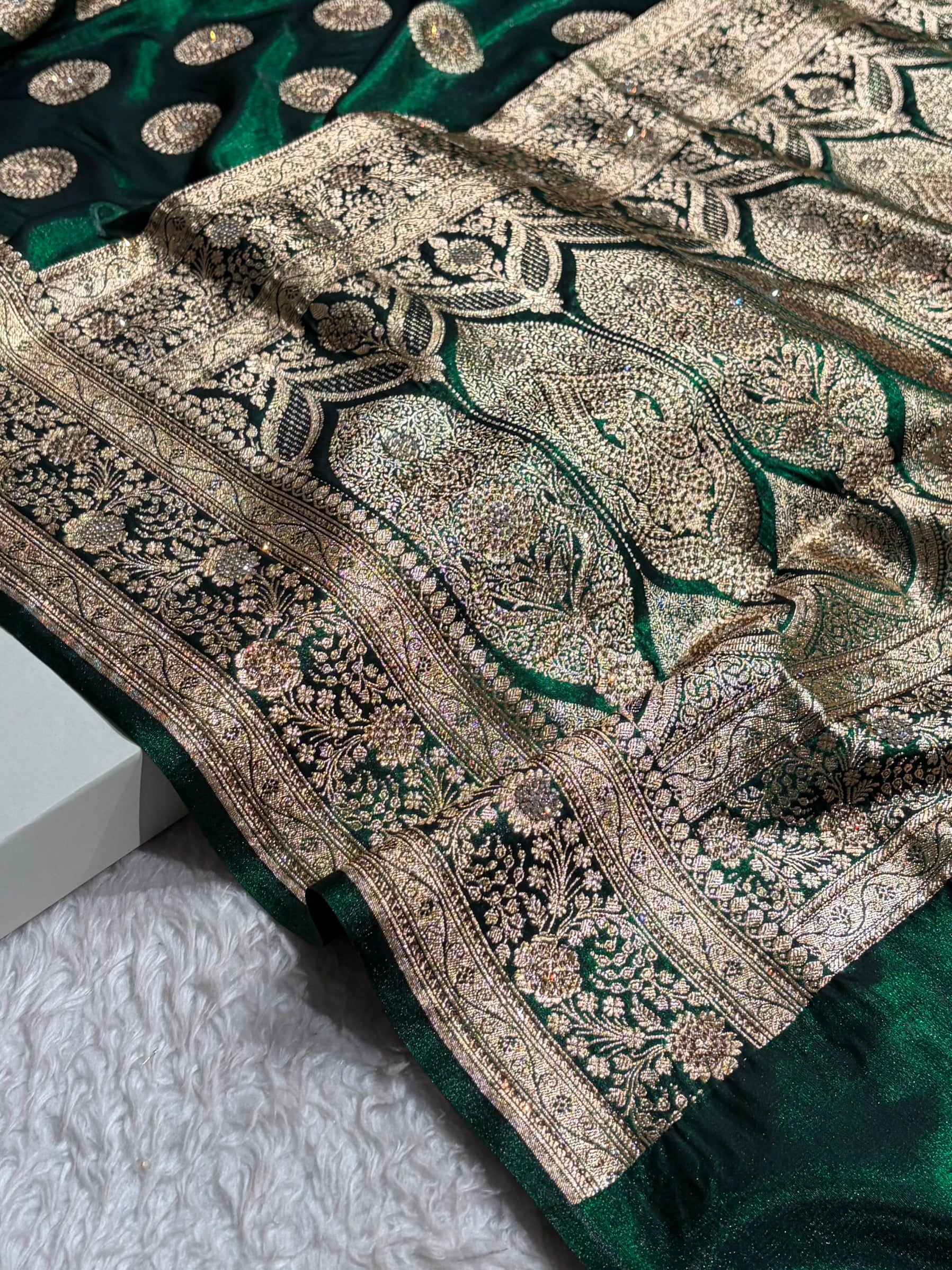 Bottle Green Shades Banarasi With Swarovski Stone Work Satin Silk Saree BSS33