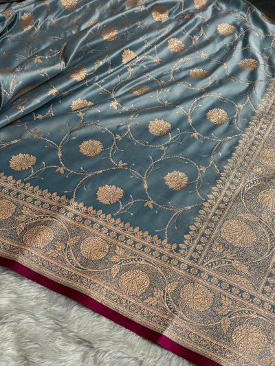Grape Shades Banarasi Jaal Satin Katan Silk Saree SK06