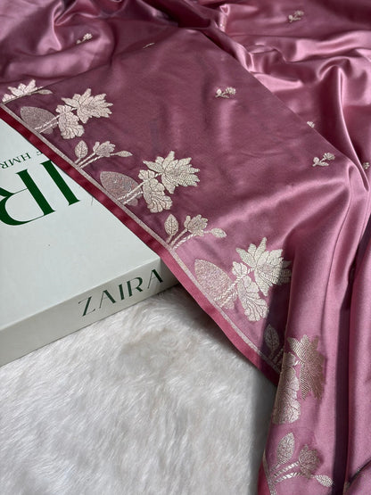 Blush Pink Floral Border Booti Mashru Silk Saree MS54