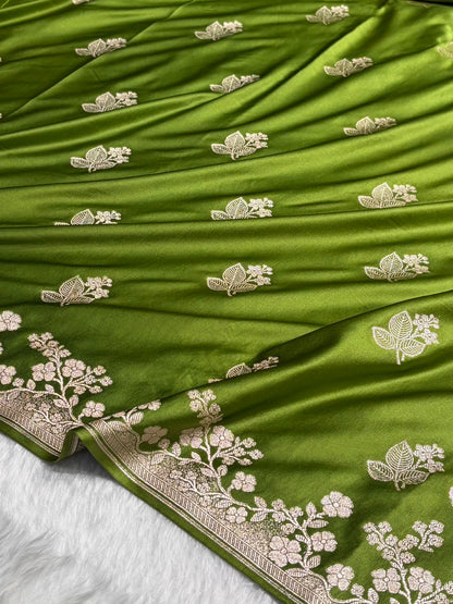 Banarasi Mehendi Shades With Floral Border Mashru Silk Saree MS83