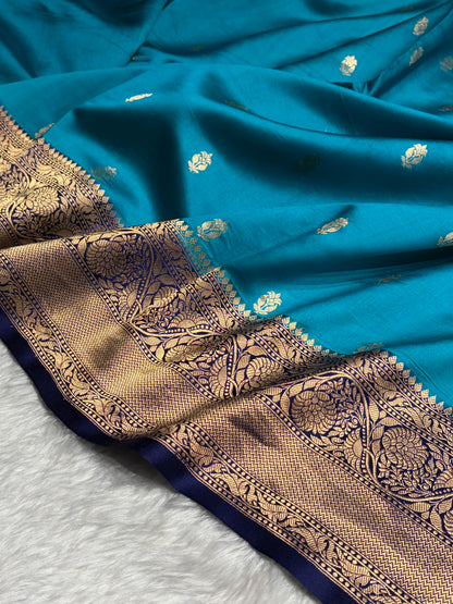 Contrast Firozi with Purple Shades Handwoven Pure Raw Mango Silk RM-56