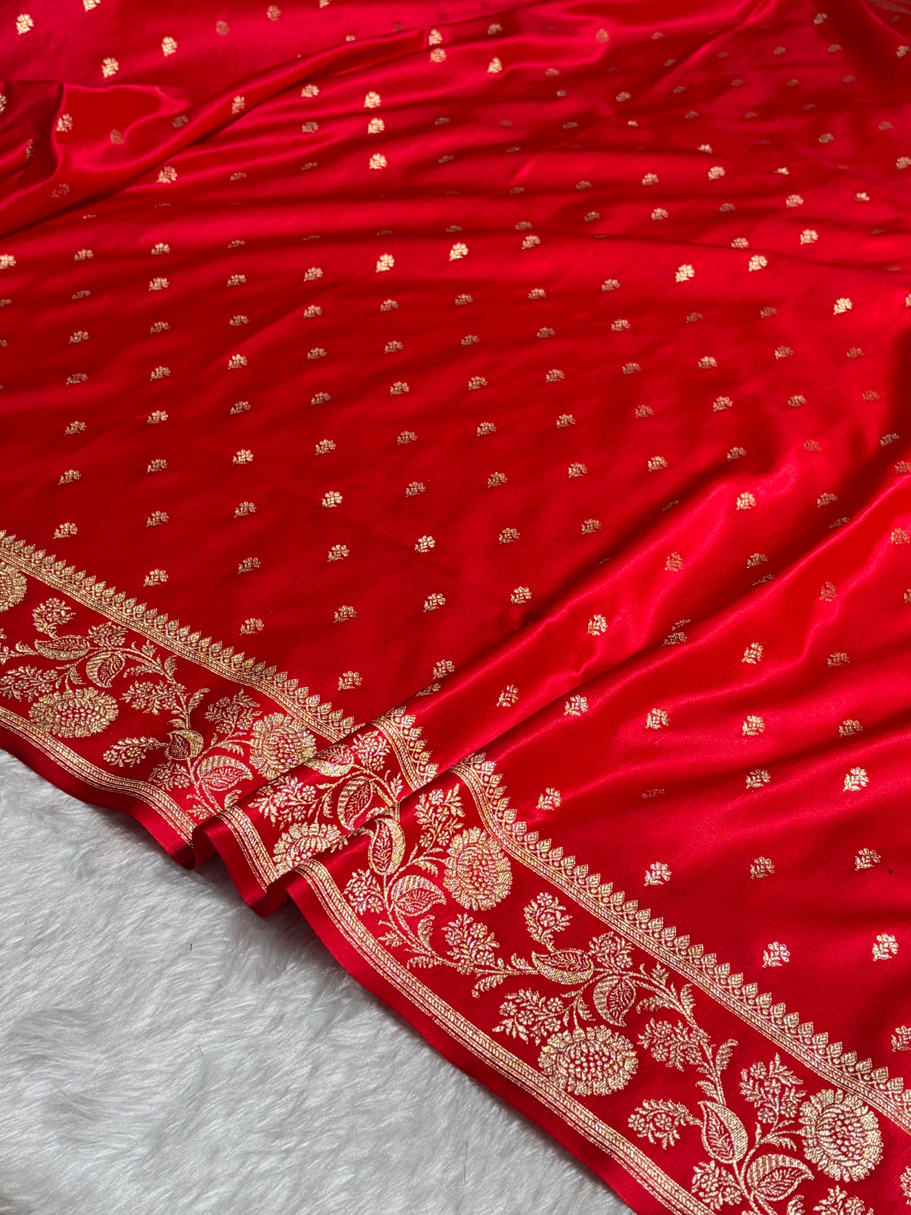 Red Floral Pattern Satin Katan Silk Saree SK77