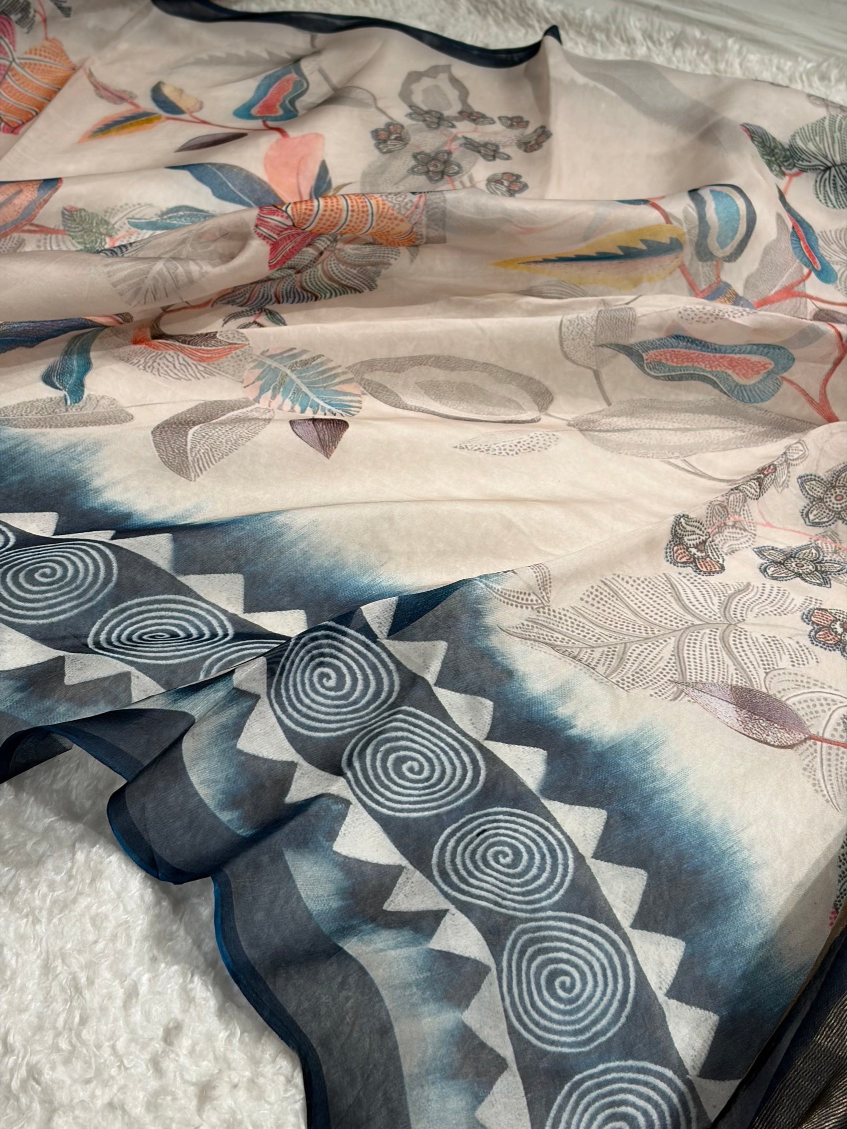 Light Beige & Navy Blue Organza with Pastel Multicolor Florals POP09