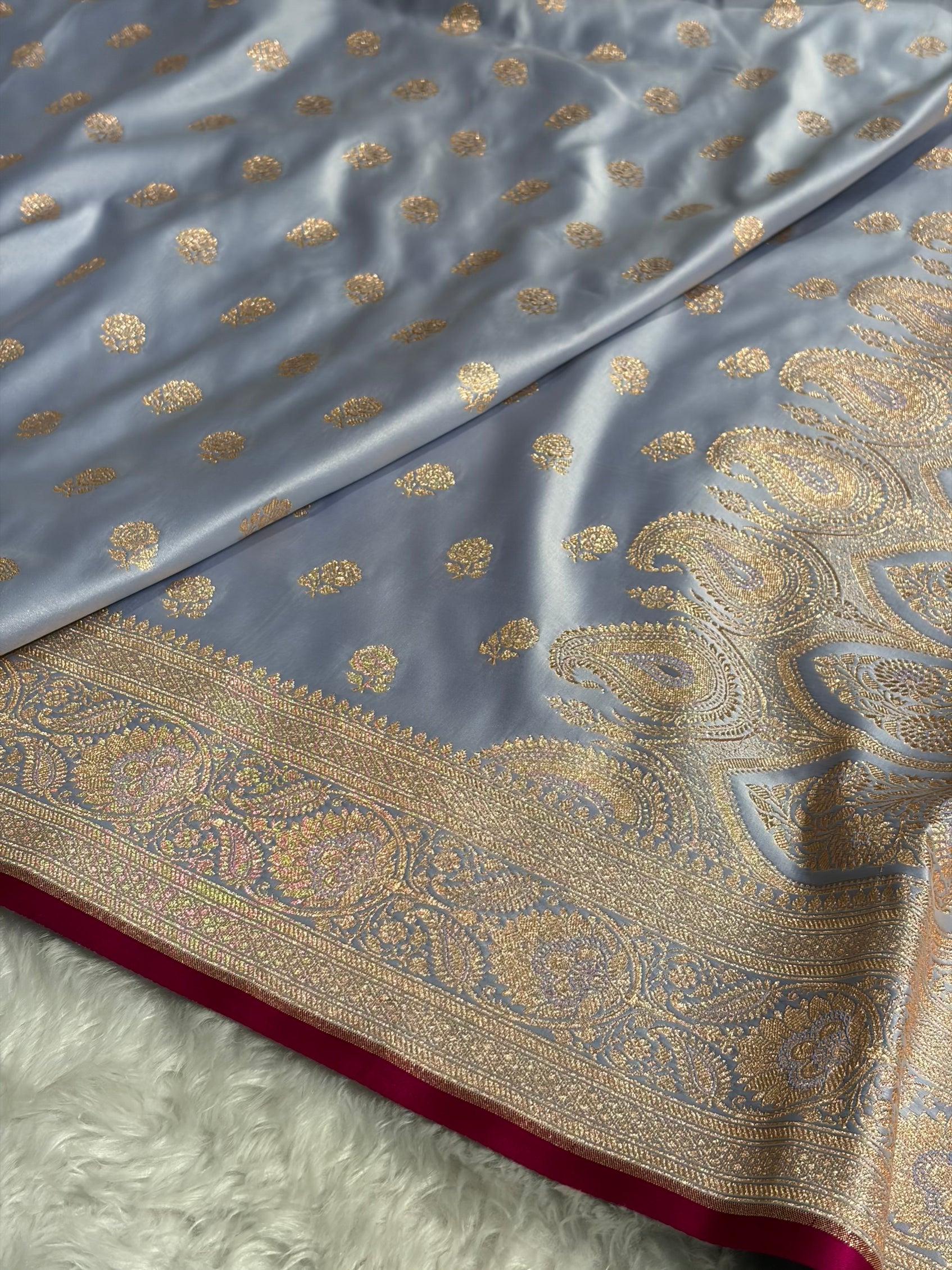 Floral boota Satin katan Silk Saree In Powder Blue Shades SK12