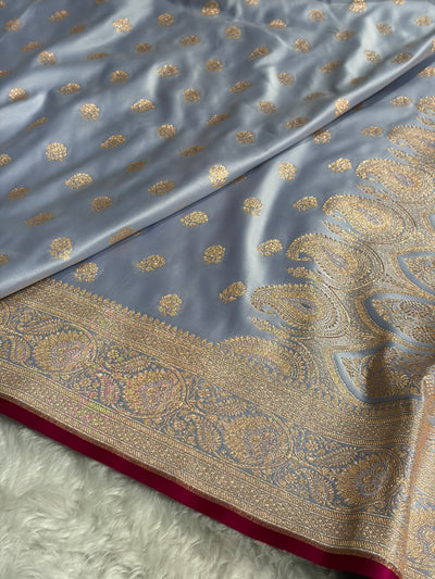 Floral boota Satin katan Silk Saree In Powder Blue Shades SK12