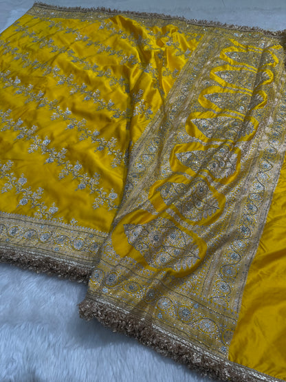 Yellow Cross Mashru Silk Saree with Ari and Stone and Gotta Patti