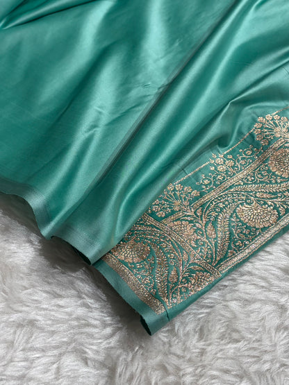 Banarasi Satin Katan Saree Jaal Pattern In Sea Green Shades SK133