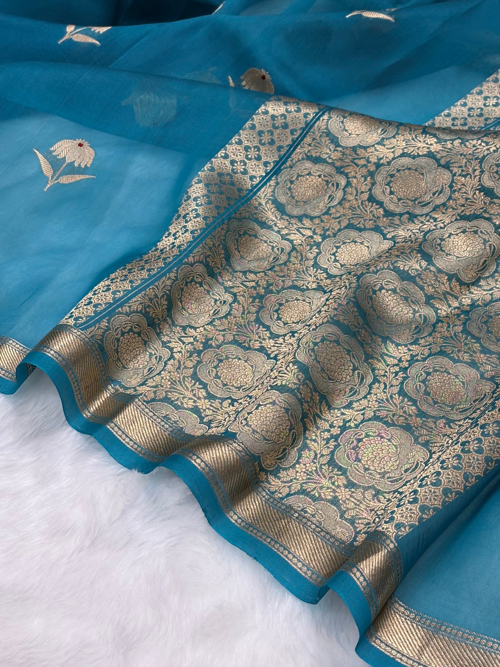 Pure Organza German Blue Meena Floral Banarasi Silk Saree PO-02