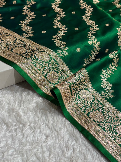 Banarasi Satin Katan Saree With Boota in Cross Green Shades SK108