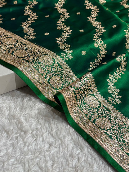 Banarasi Satin Katan Saree With Boota in Cross Green Shades SK108