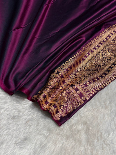 Wine Shades Cross Floral Pattern Satin Katan Silk Saree SK79