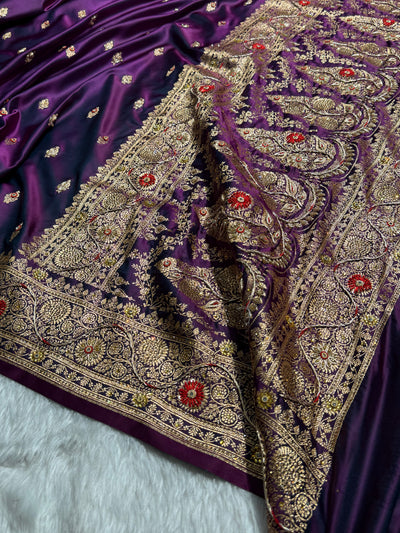 Banarasi Wine Satin Katan Silk Saree with Zardozy work BSK82