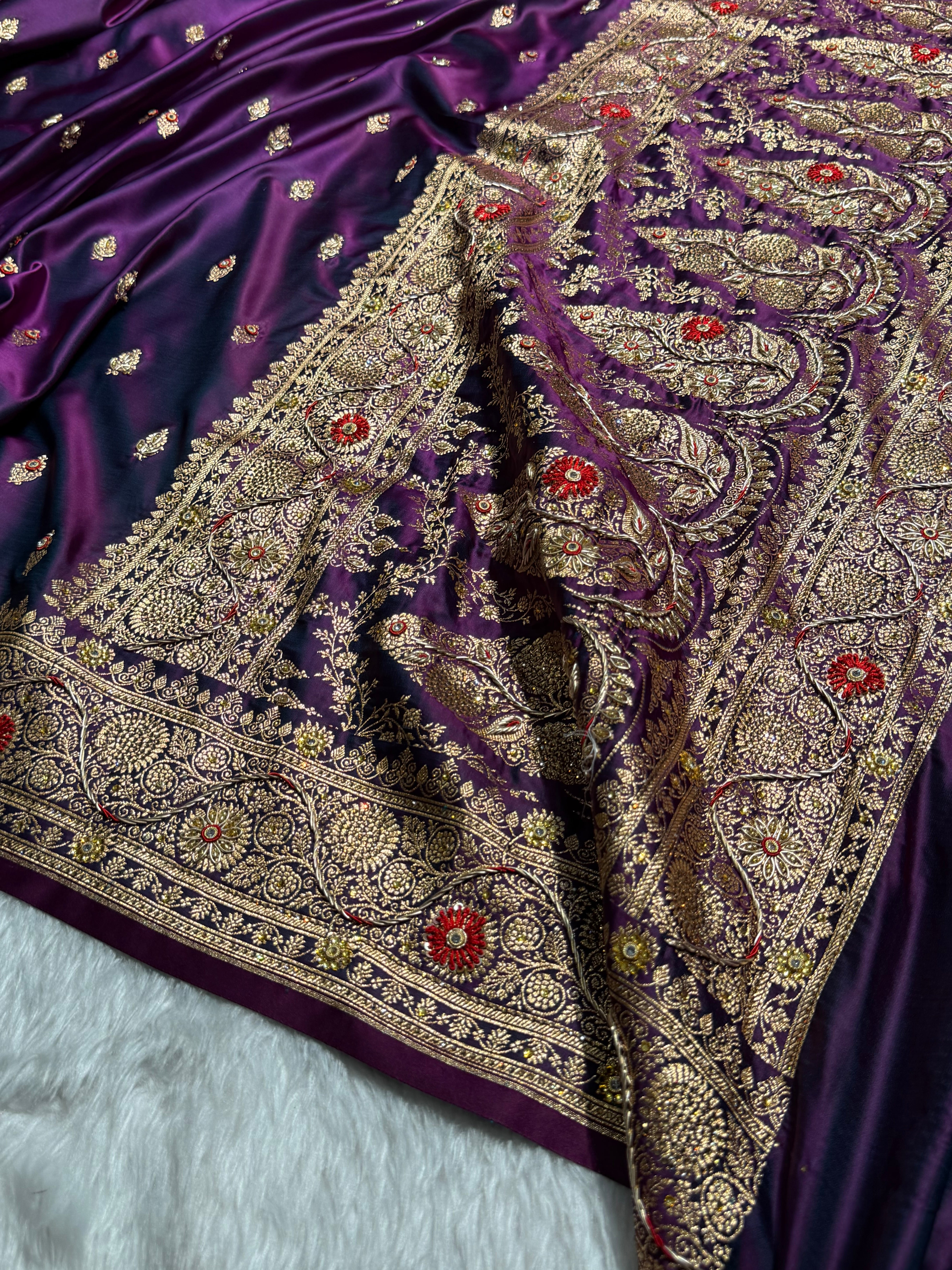 Banarasi Wine Satin Katan Silk Saree with Zardozy work BSK82