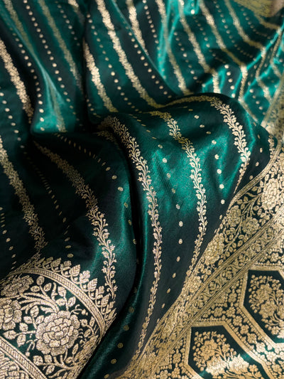 Banarasi Bottle Green Shades Cross Pattern Banarasi Satin Silk Saree SS61