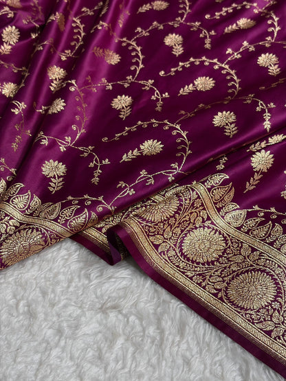 Wine Shades Jaal Floral Pattern Satin Katan Silk Saree SK81