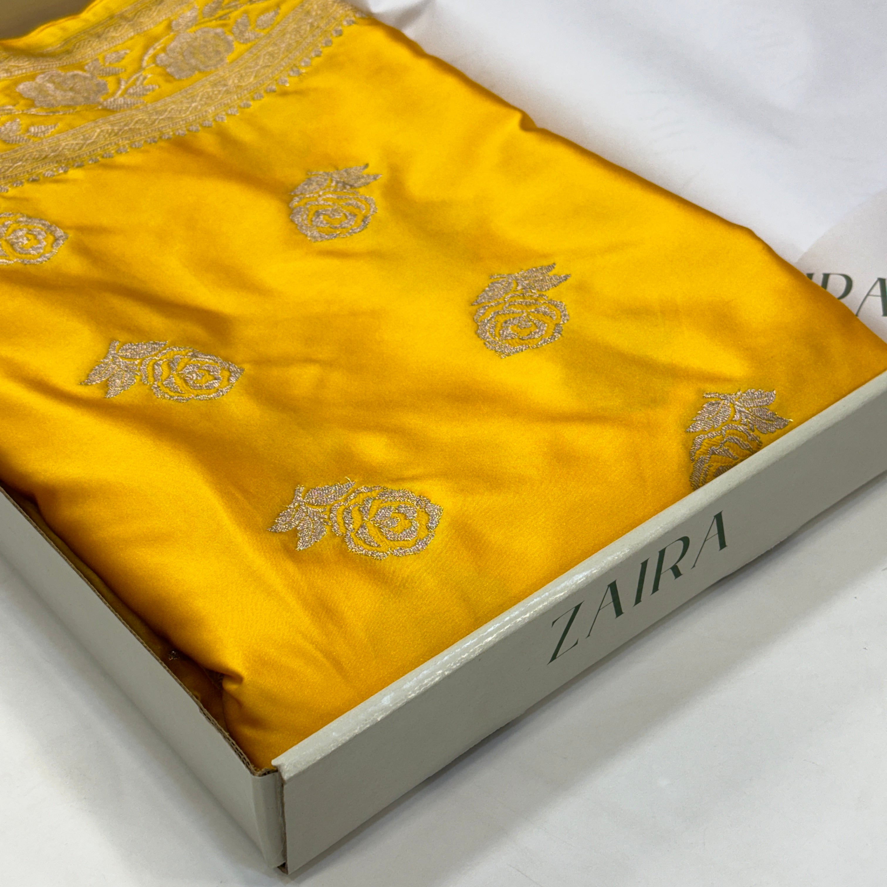 Yellow Rose Motif Mashru Silk Saree