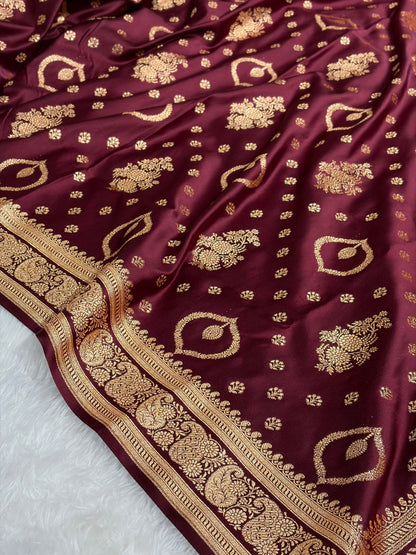 Banarasi Satin Katan Saree With Unique Boota in Chocolate Shades SK92