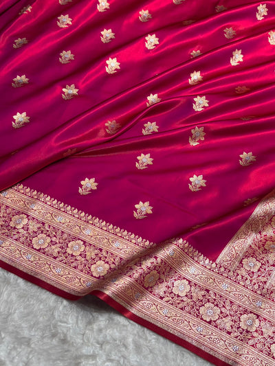 Reddish Magenta Shades Minakari Boota Pattern Banarasi Satin Silk Saree SS44
