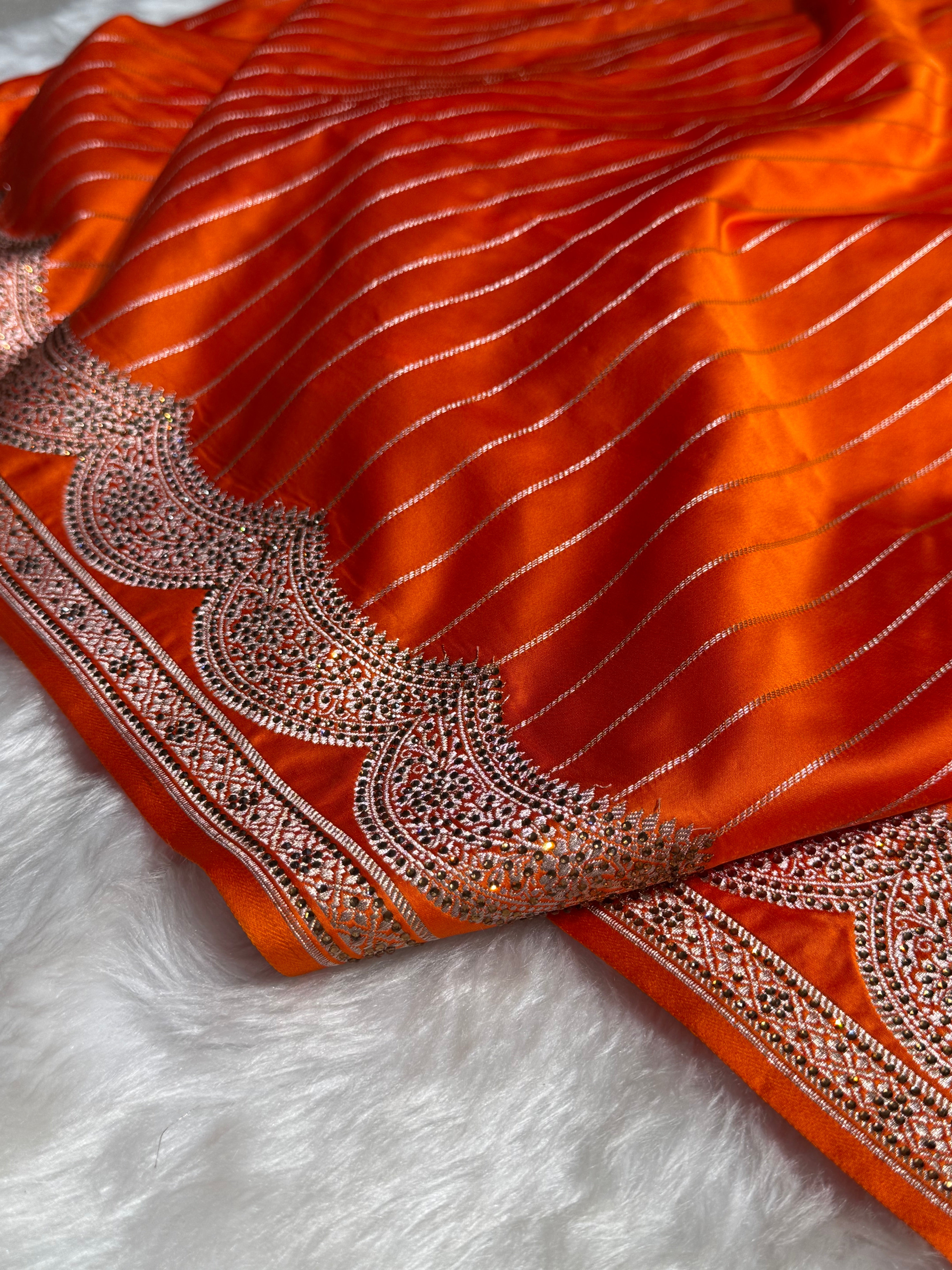 Orange Scallop Stripe Mashru Silk with Swarovski work