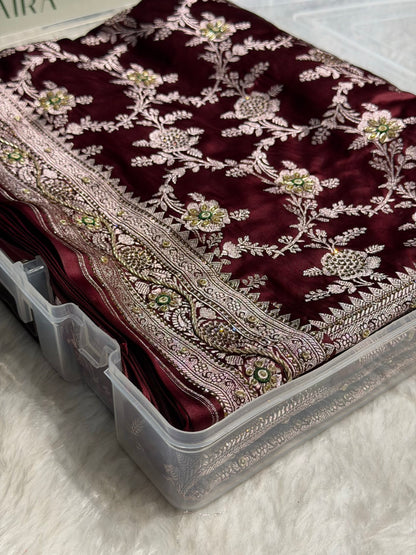 Dark Maroon Mashru Silk with Bananasi Ari and swarovski work BMS28