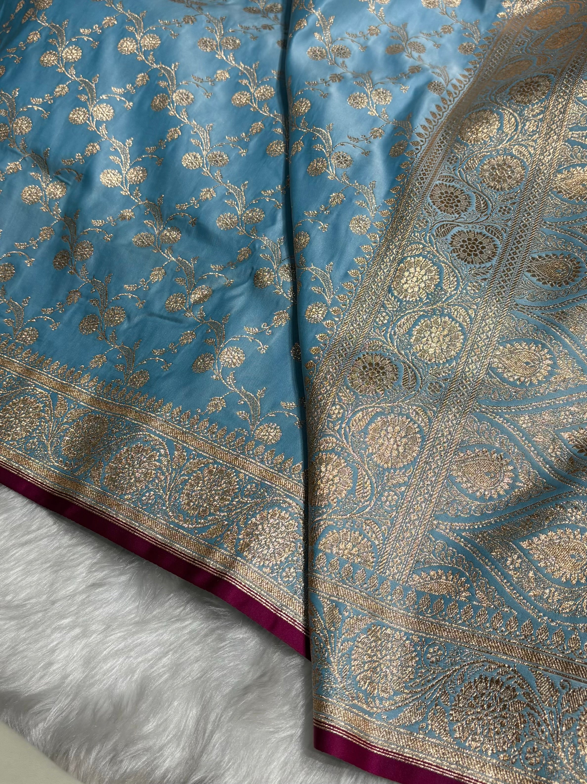 Sky Blue  Cross Satin Katan Silk Saree SK17
