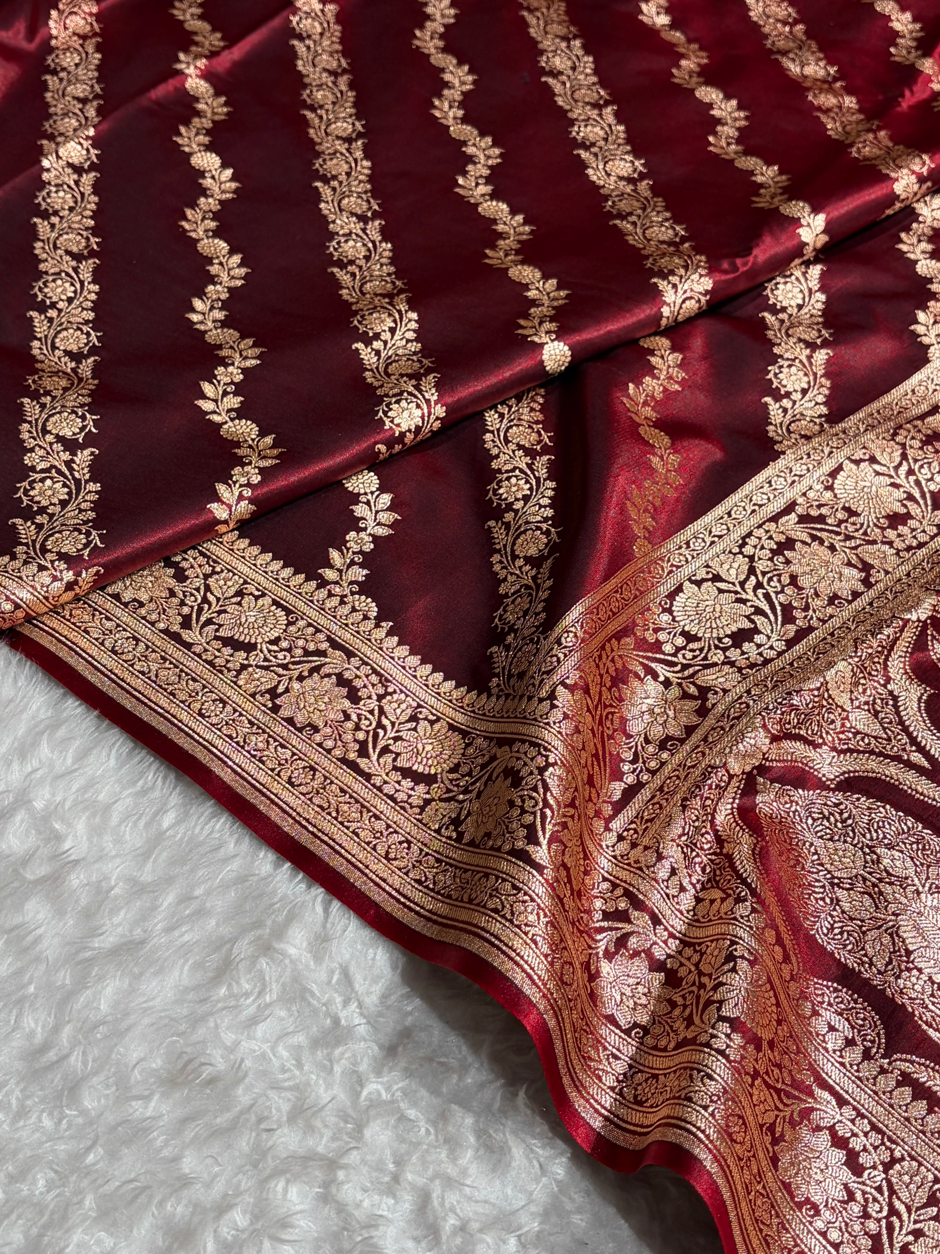 Banarasi Ultra Light Weight Satin Silk Mahroon in Cross Pattern SS10