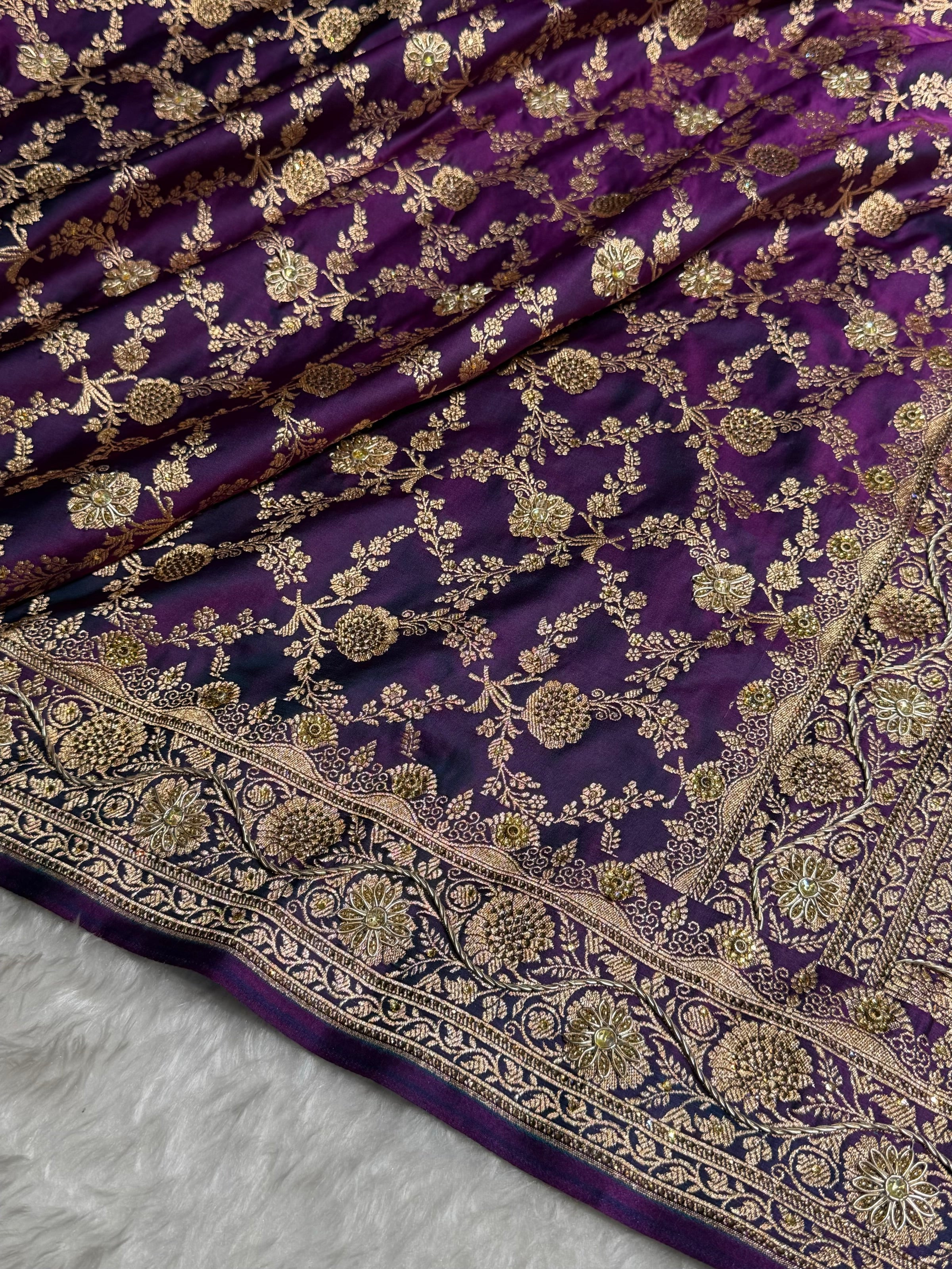 Wine Shades Jaal Floral Pattern With Zardozi And Swarovski Stone Work Satin Katan Silk Saree BSK80
