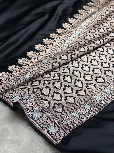 Black Shades Plain Banarasi With Minakari Floral Border Mashru Silk Saree MSM-123