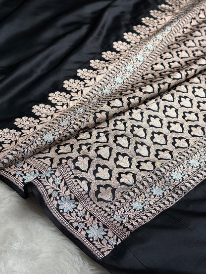 Black Shades Plain Banarasi With Minakari Floral Border Mashru Silk Saree MSM-123