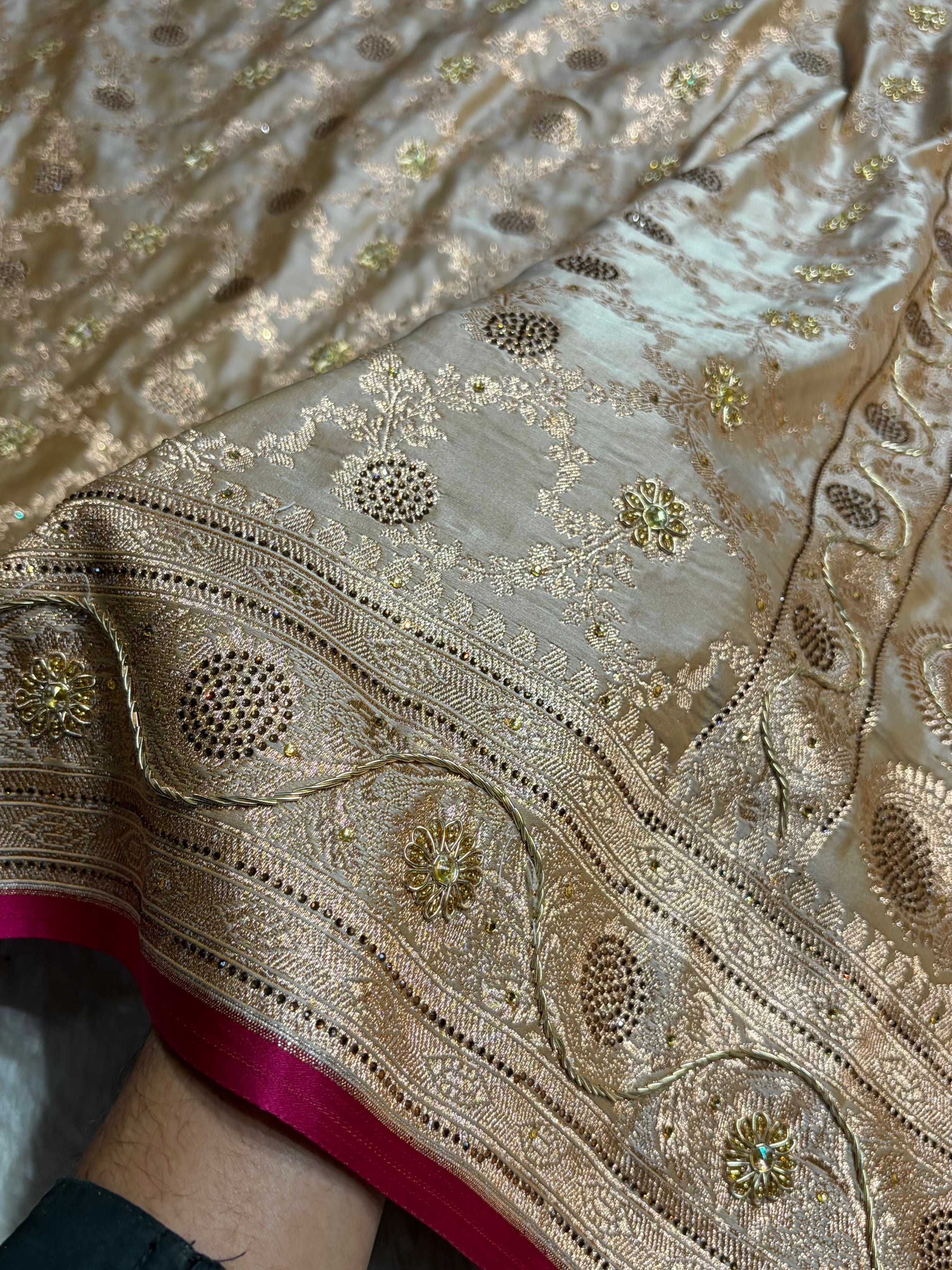 Beige Jaal With Banarasi Swarovski and Zardozi Work Pattern Satin Katan Silk Saree BSK25