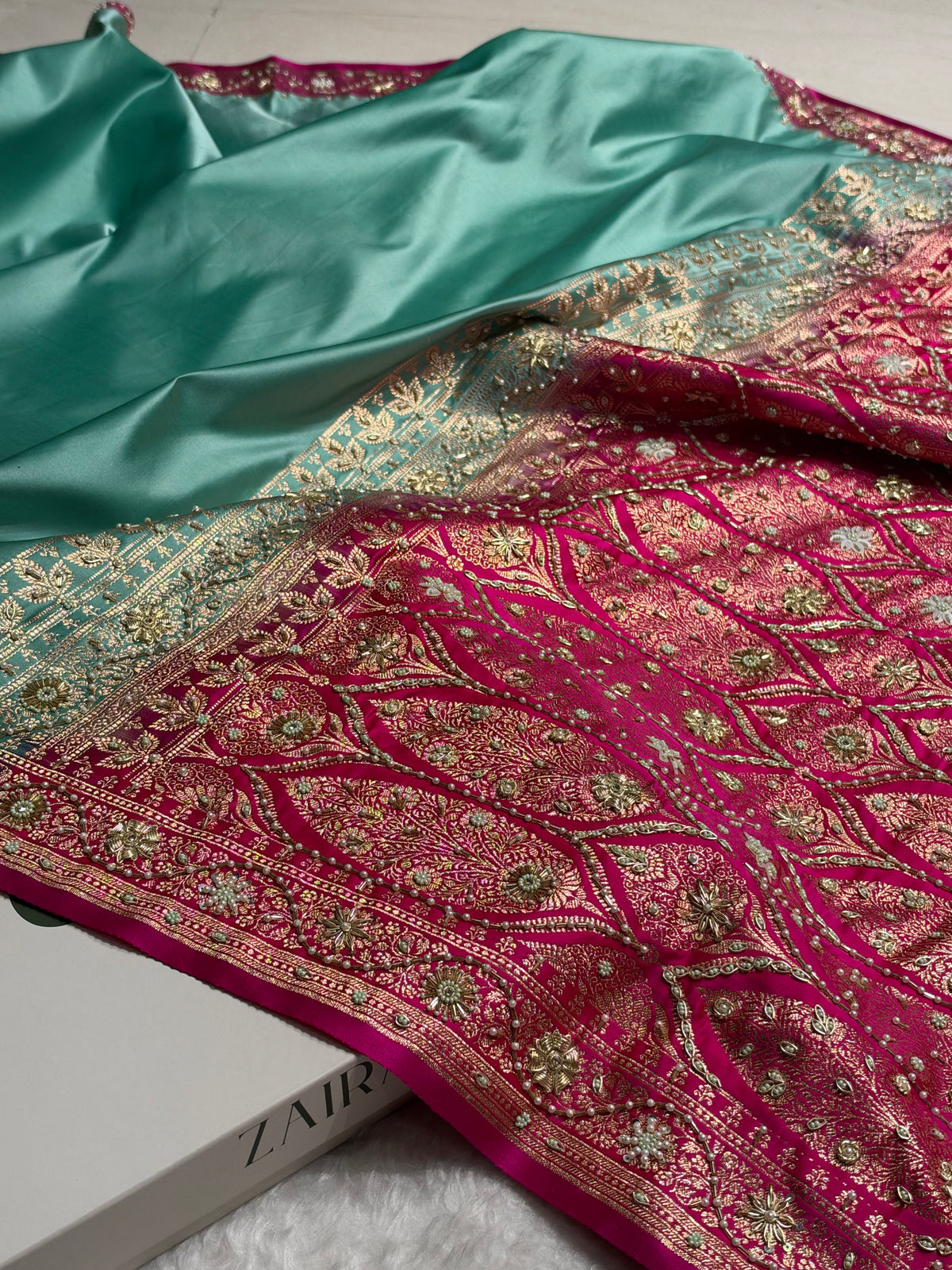 SeaGreen and Rani Contrast Banarasi Satin Katan Saree With Aari Zardozi Work Boota in Cross Green Shades BSK131