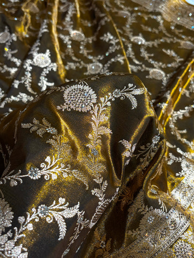 Light Weight Mehndi Gold Satin Silk Saree with Swarovski work BSS14