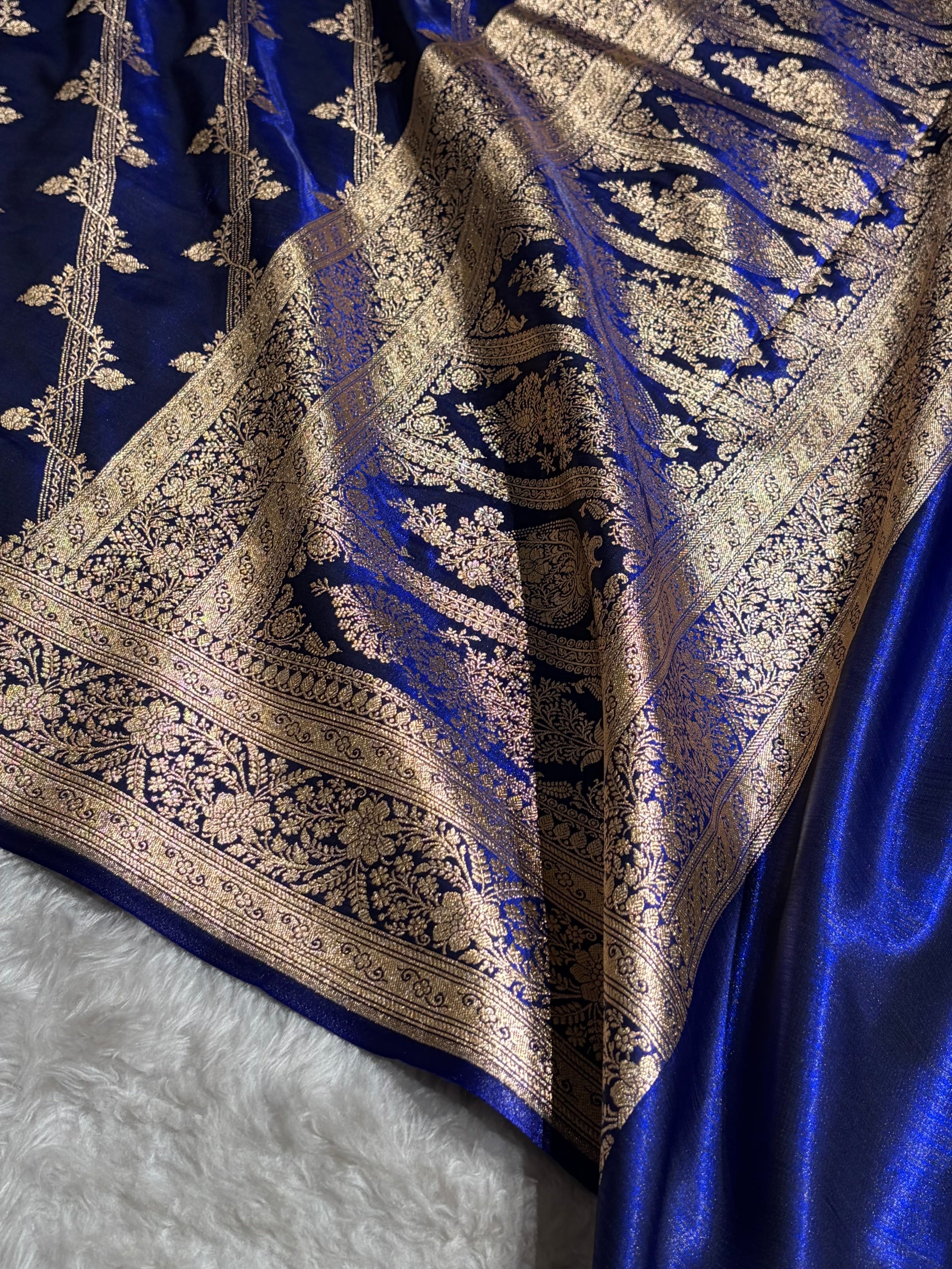Royal Blue Shades Cross Pattern Banarasi Satin Silk Saree SS50