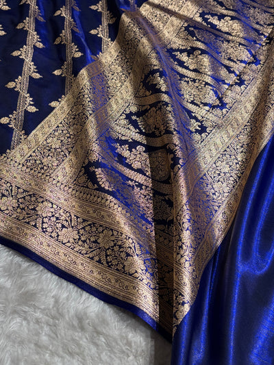 Royal Blue Shades Cross Pattern Banarasi Satin Silk Saree SS50