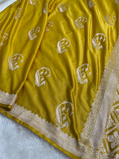 Mustard Unique Boota Motif Mashru Silk Saree MCS12