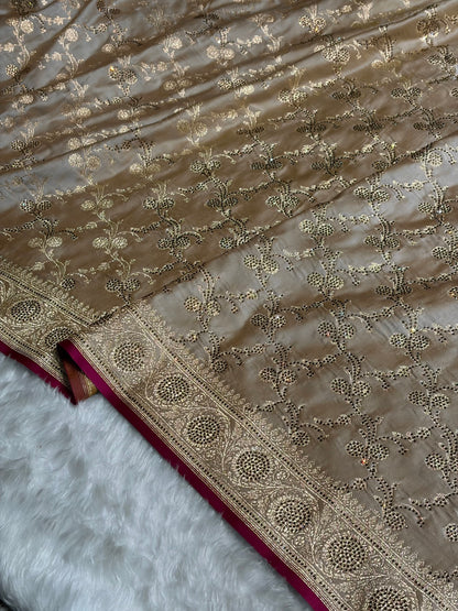 Beige Shades Cross With Swarovski Work Satin Katan Silk Saree BSK17
