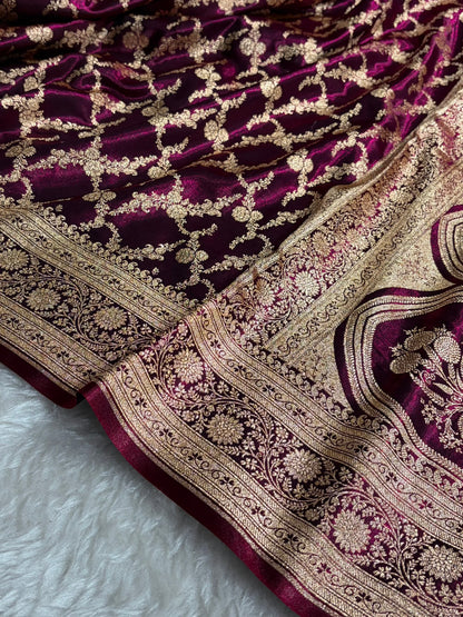 Wine Shades Cross Pattern Banarasi Satin Silk Saree SS40