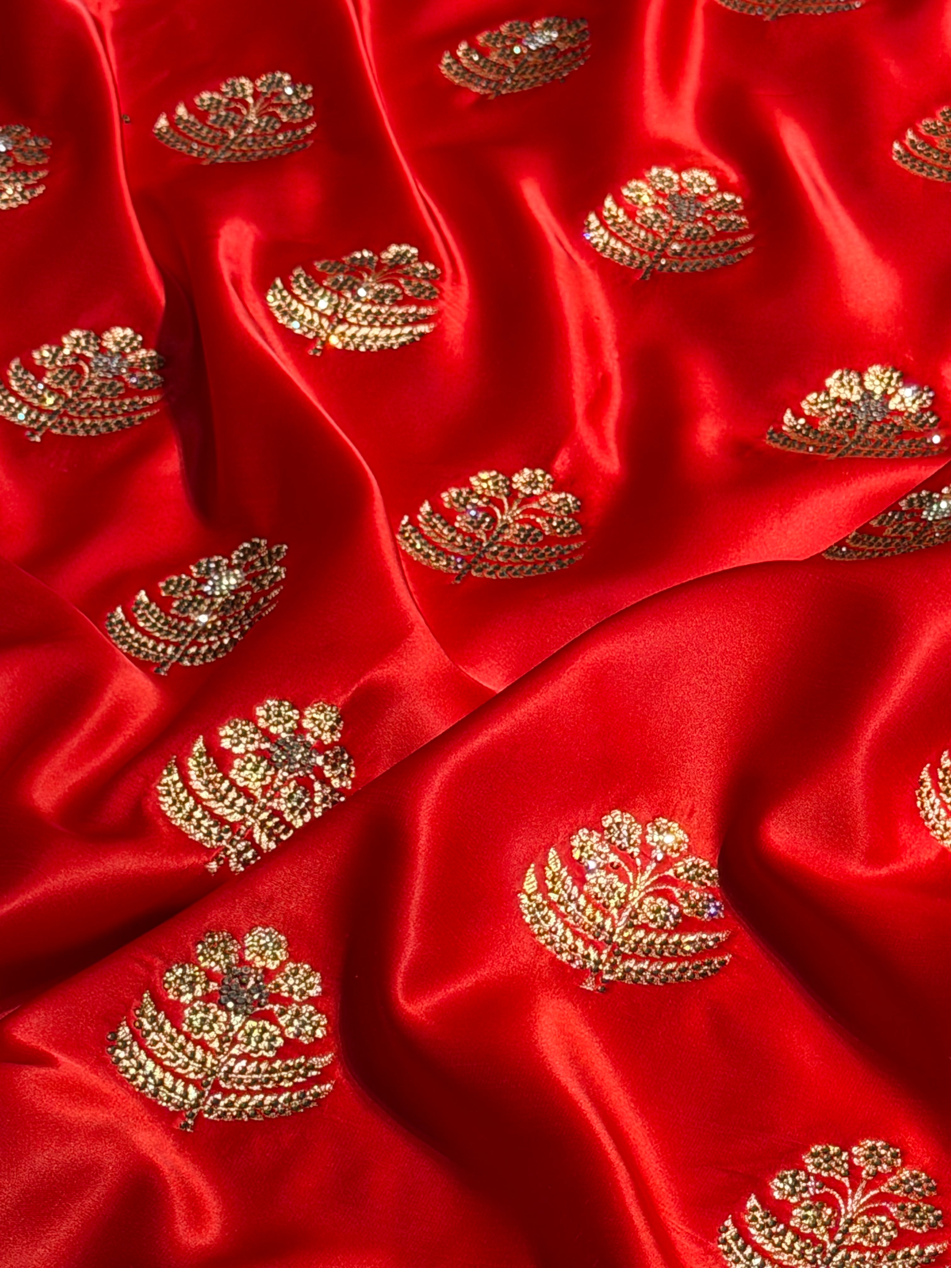 Bridal Red Unique Swarovski Stone Work Boota Pattern Satin Katan Silk Saree BSK70