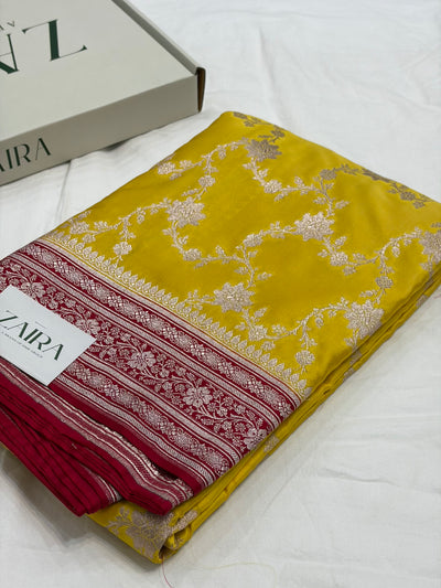 Mustard / Red Contrast Shade With Booti Pattern Mashru Silk Saree