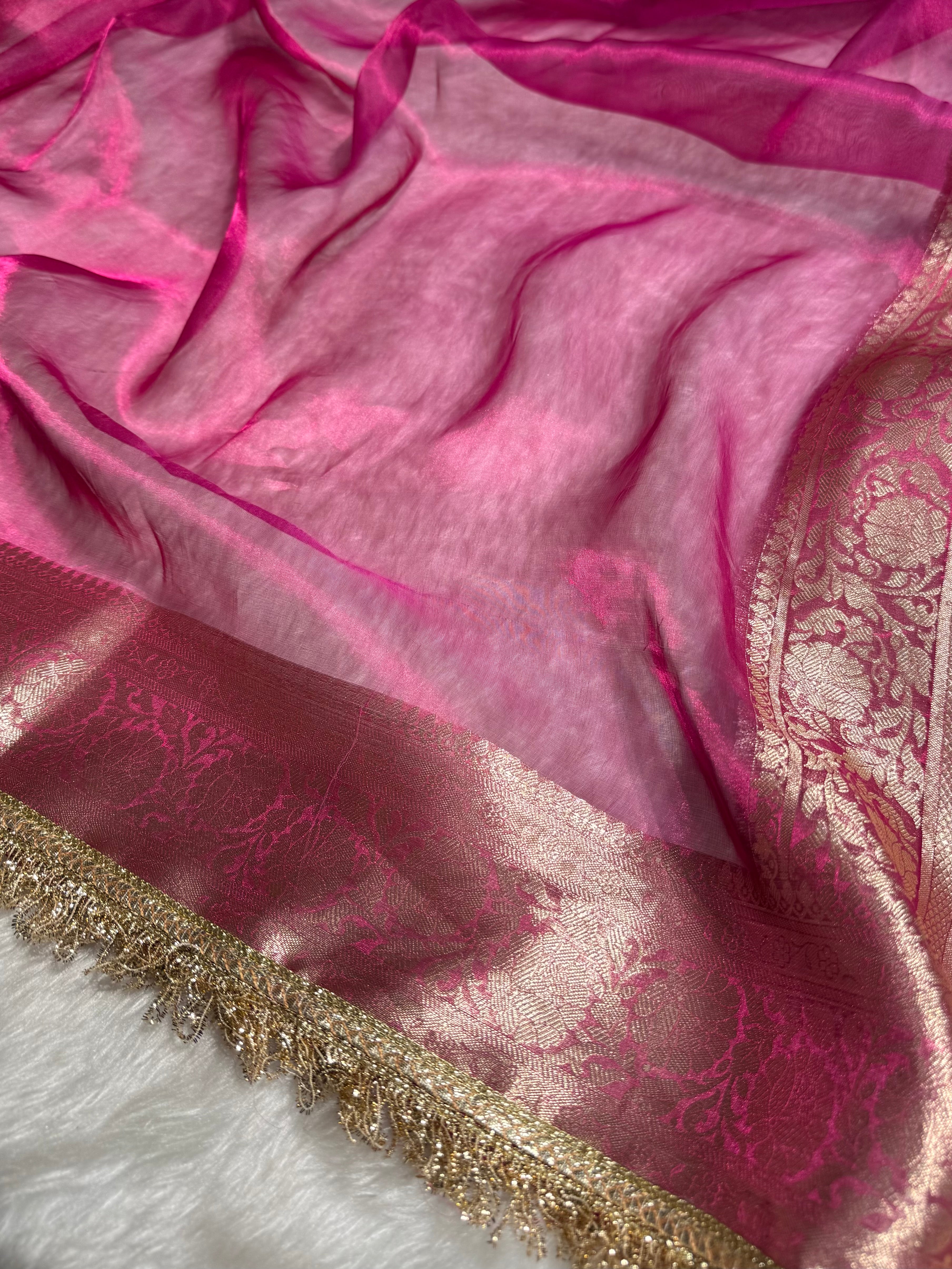 Ruby Pink shade Pure Tissue Silk Saree with Gota Patti PTGP-17