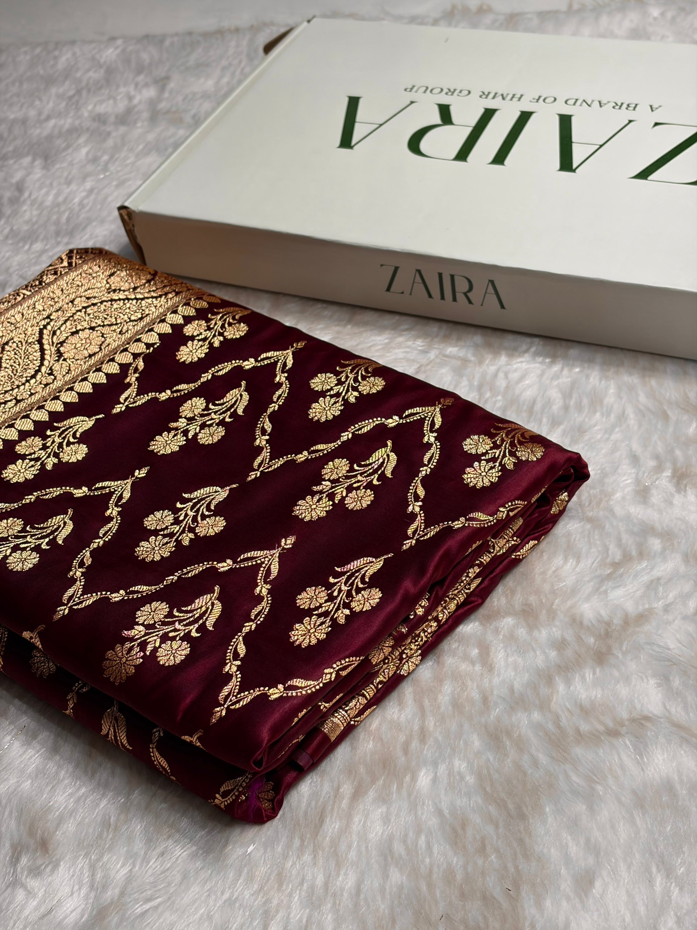 Garnet Cross with Boota Pattern Satin Katan Silk Saree SK67