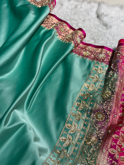 SeaGreen and Rani Contrast Banarasi Satin Katan Saree With Aari Zardozi Work Boota in Cross Green Shades BSK131
