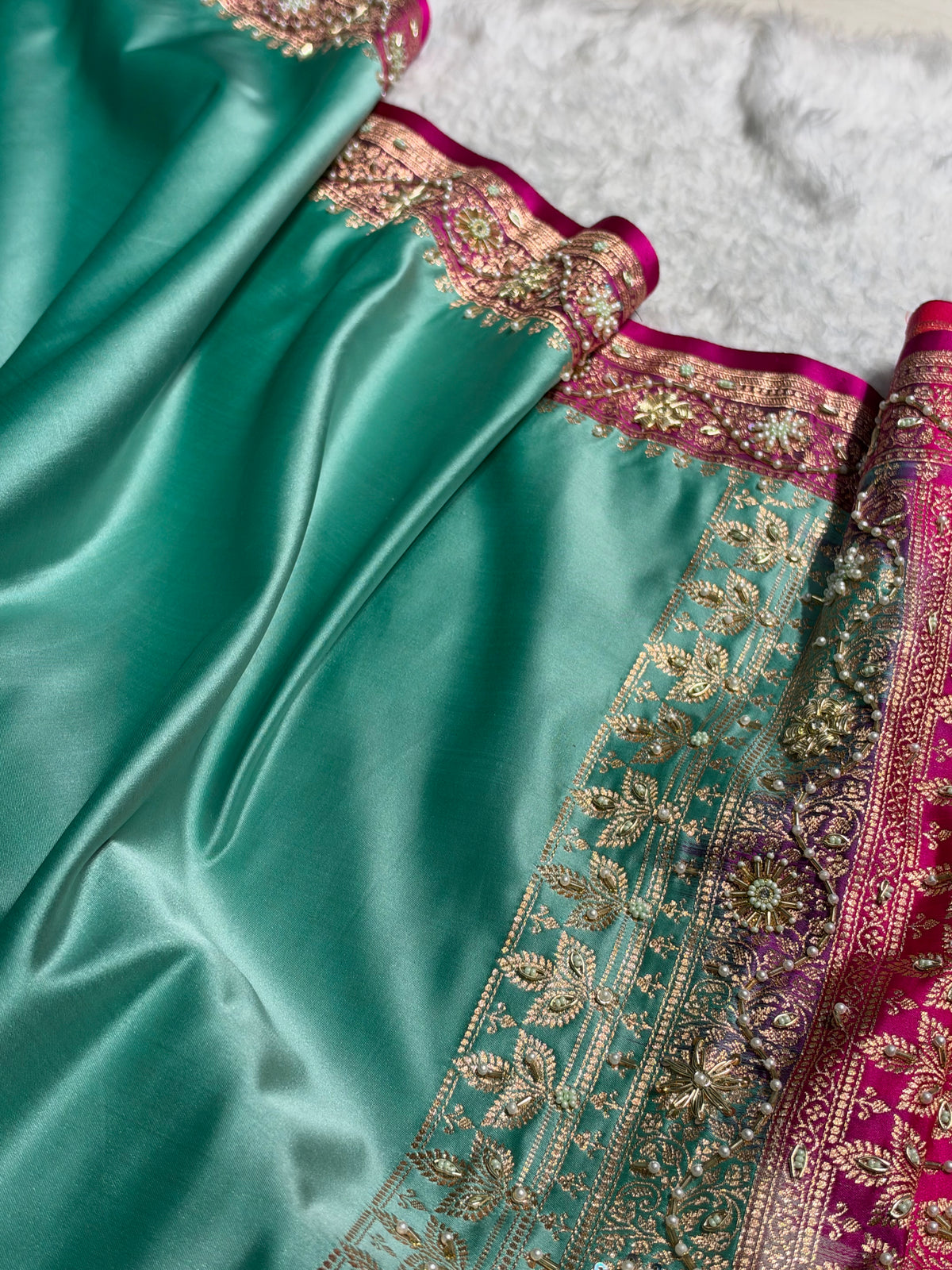 SeaGreen and Rani Contrast Banarasi Satin Katan Saree With Aari Zardozi Work Boota in Cross Green Shades BSK131