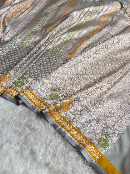 Banarasi Gray Shades Floral Minakari Skirt Border Mashru Silk Saree MSM-83