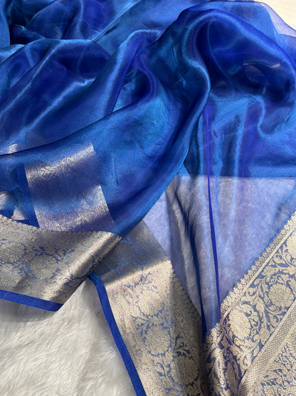 Royal Blue Shades Pure Tissue Silk Saree with Brocade Blouse PT-18