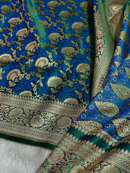 Bottle Green With Royal Blue Tanchoi Satin Katan Silk Saree SKTM-05