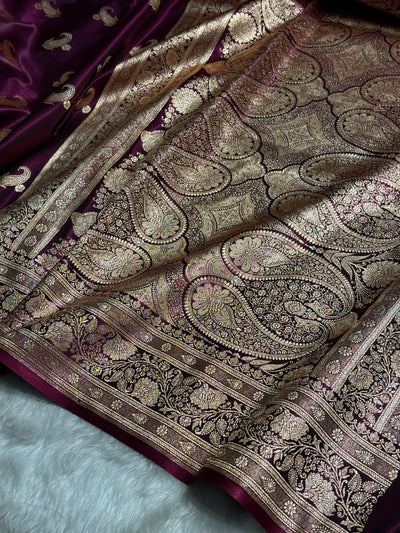 Satin Silk Saree Floral Boota in Wine Shades SS27