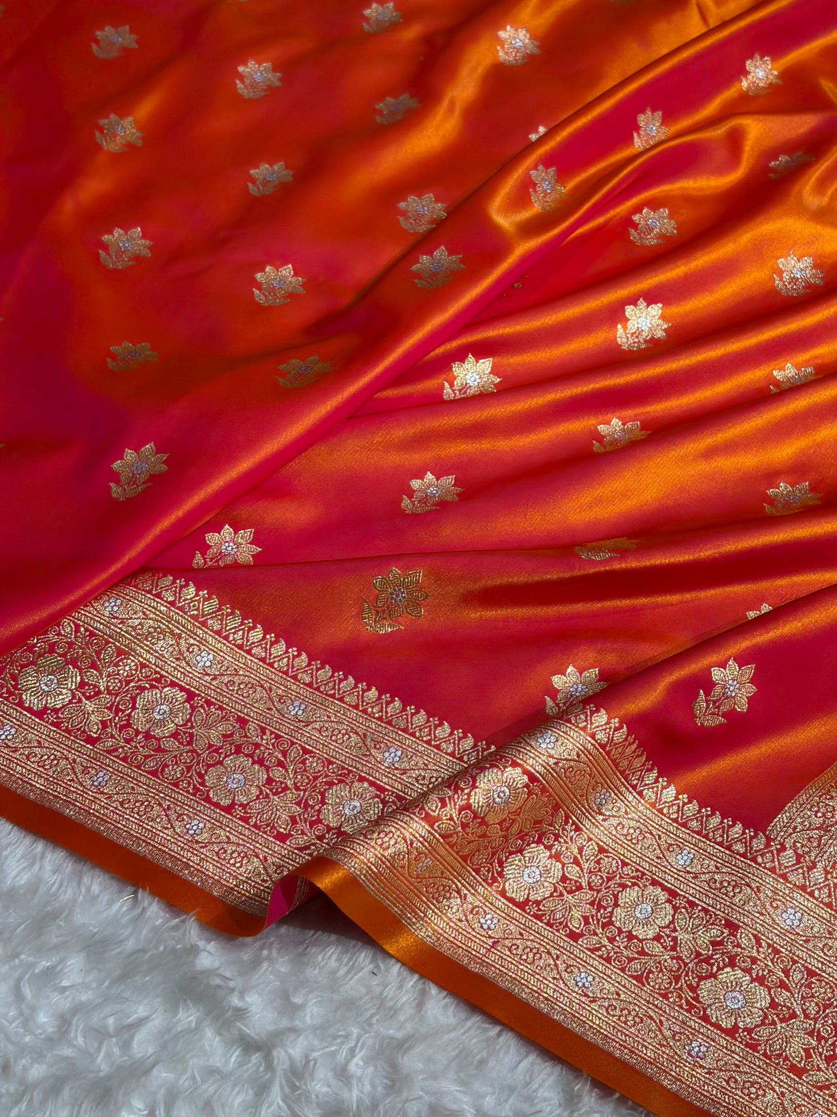 Pinkish Orange Shades Minakari Boota Pattern Banarasi Satin Silk Saree SS44