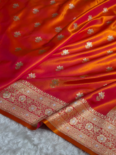Pinkish Orange Shades Minakari Boota Pattern Banarasi Satin Silk Saree SS44